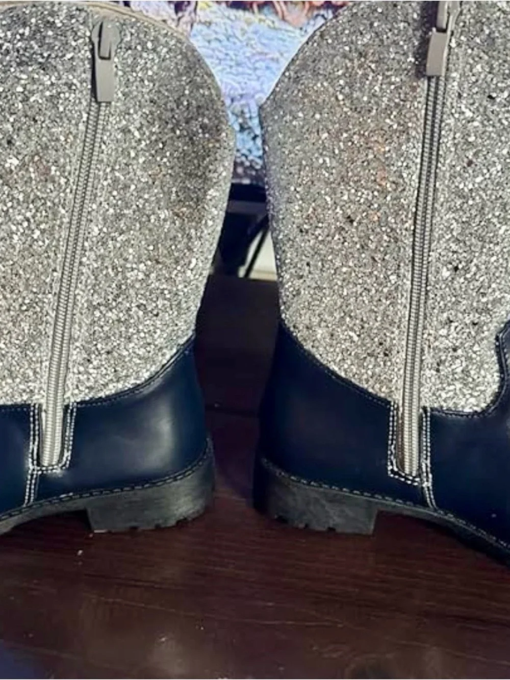 Girls Sparkle Cowgirl Boots | Silver and Navy | Big Kids Size 1 | NWT